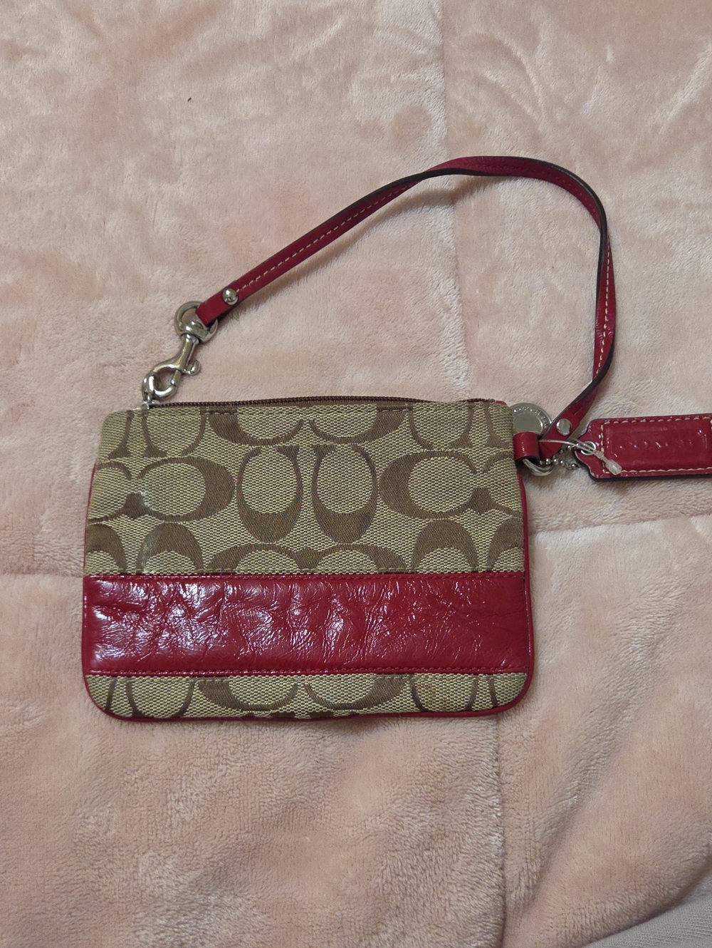Coach Canvas Jaquard Heritage Signature Wristlet in Red and Tan Vintage